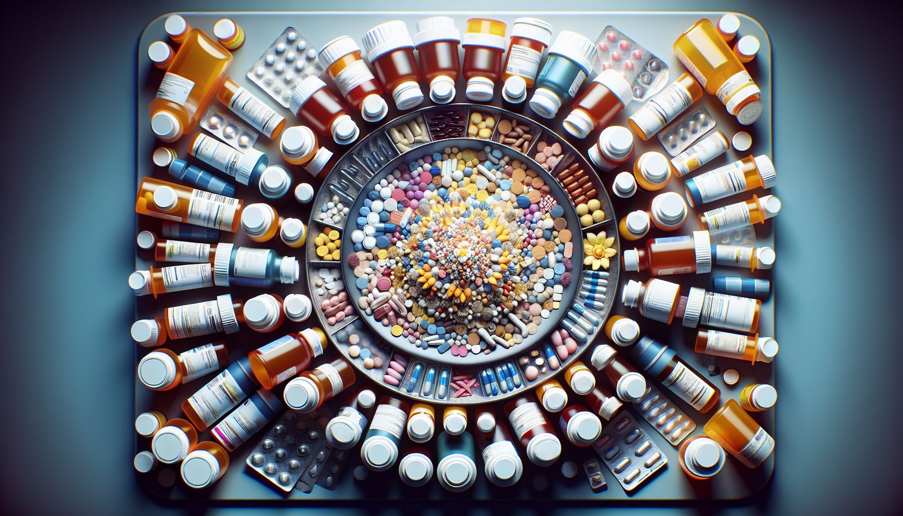 An assortment of pills set against a blue background